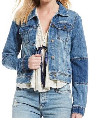 Free People Blue Slight Crop Rumors Two Tone Soft Denim Jacket - Size - XS